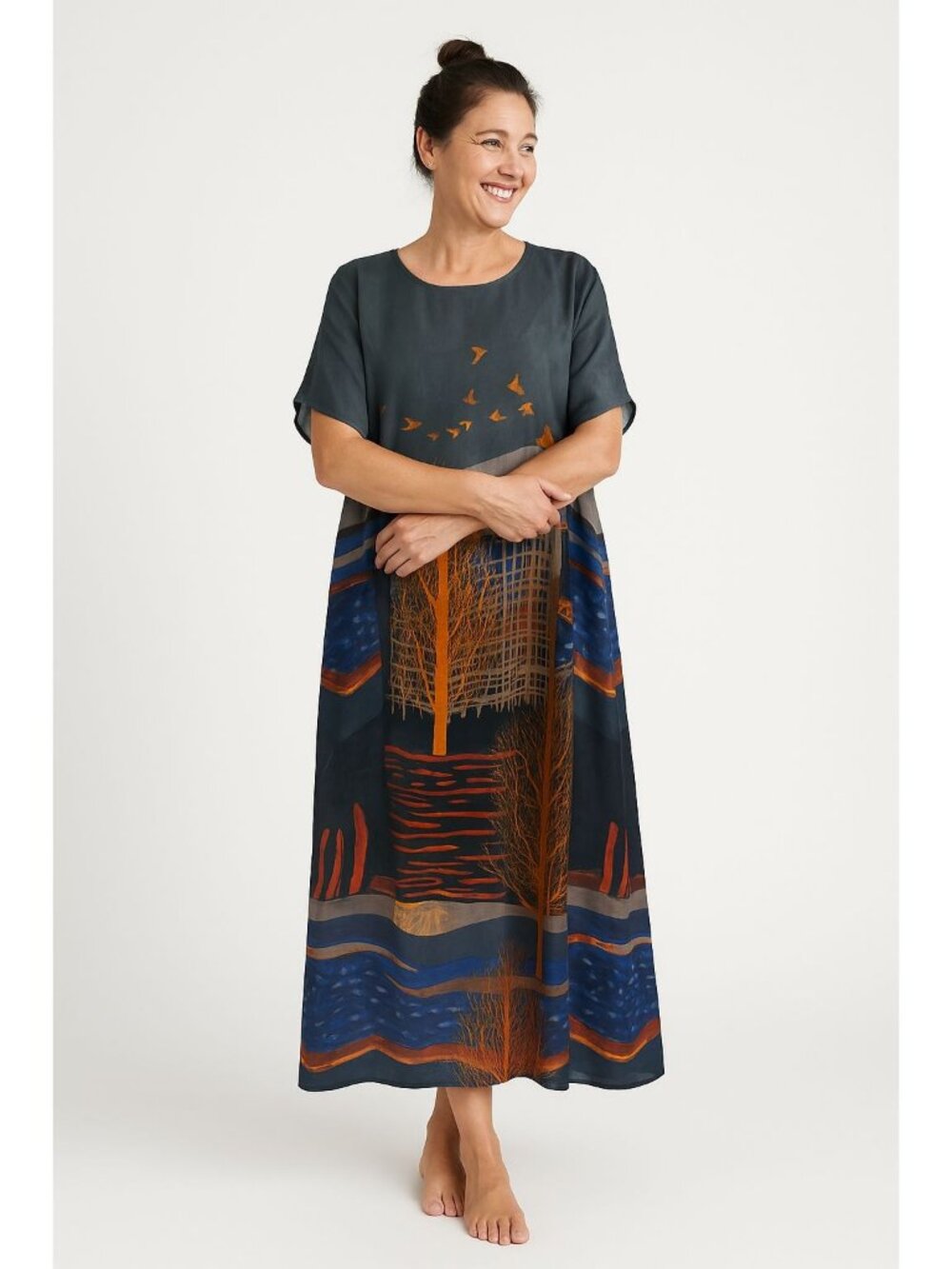 Beulah Style Viceroy Charcoal Print Caftan Maxi Dress One Size NWT